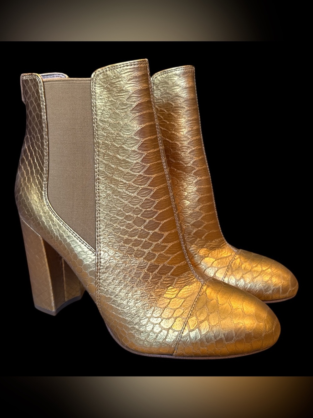 Sam Edelman Case Gold Snakeskin Print Leather Chelsea Boots, Womens Sz 8.5M